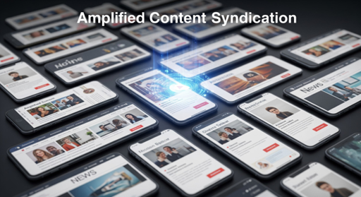 Multiple smartphones display various news and article web pages, overlapping in a grid pattern. A glowing icon appears on one screen, highlighting amplified content. The heading Amplified Content Syndication is at the top of the image.