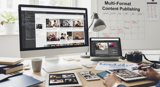 A modern workspace with a desktop, laptop, tablet, and camera, displaying content editing software. A wall calendar and Multi-Format Content Publishing are visible in the background.