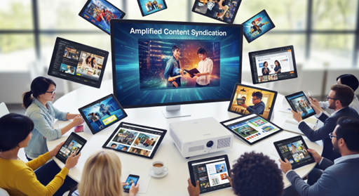 A group of people sit around a table using tablets, while a large screen displays Amplified Content Syndication. Smaller digital screens float nearby, illustrating the syndication effect and dynamic reach of amplified content.