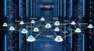 A digital graphic of a data center with “Google’s” logo, featuring interconnected icons and SEO terms like backlinks, content relevance, and business recurrence, highlights SEO concepts and the amplified effect of content syndication in data networks.