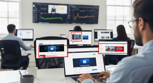 Several people work at desks with computers in a modern office. Multiple screens display websites and graphs, while two large monitors on the wall show charts and data.