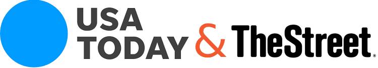 Logo with a large blue circle, black text reading USA TODAY, an orange ampersand, and black text reading TheStreet on a white background.