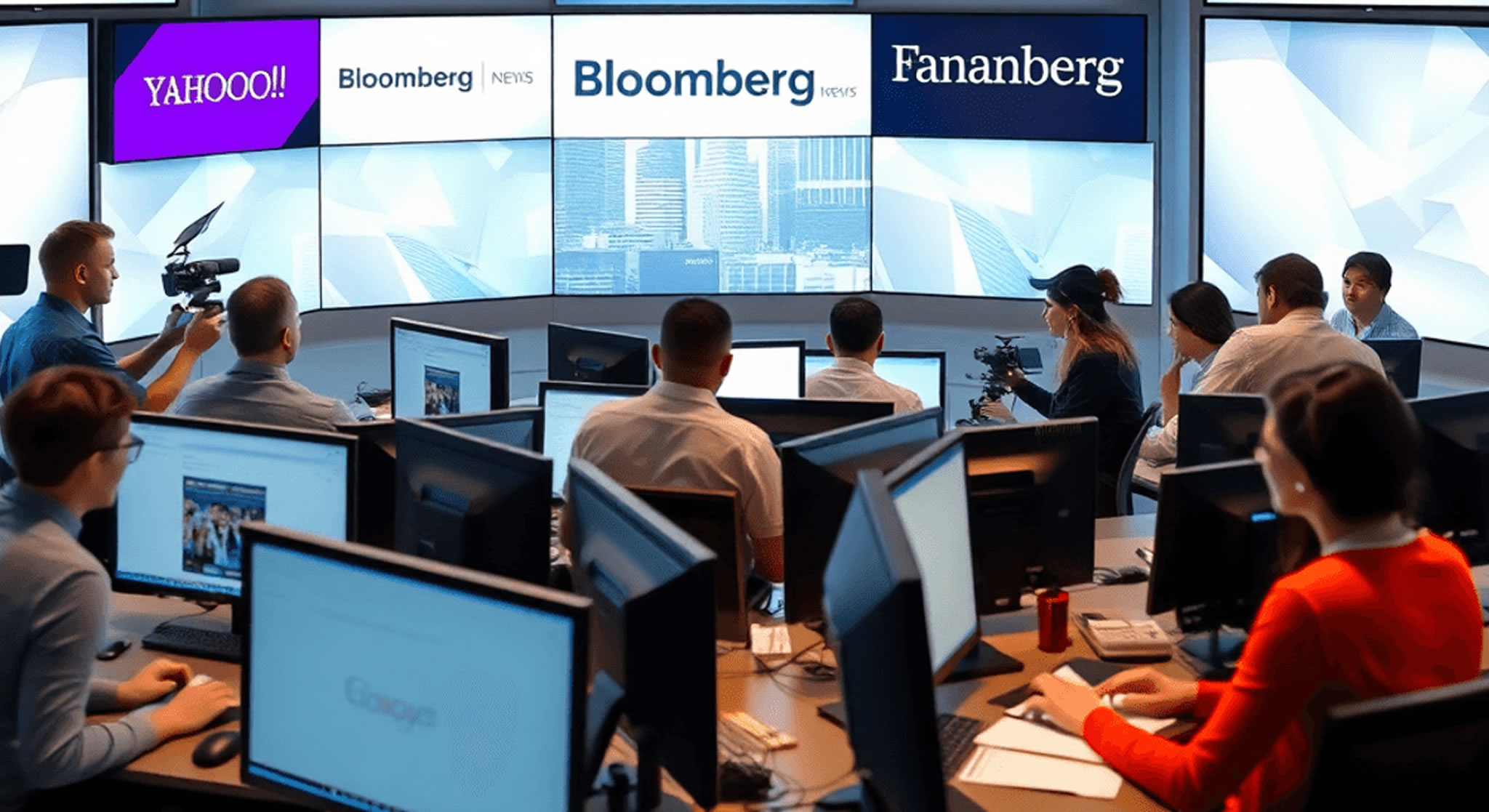 In a modern newsroom, people work at computer workstations, with large screens displaying logos for Yahoo!, Bloomberg News, and Fananberg—showcasing media coverage and how to get featured on major media outlets.