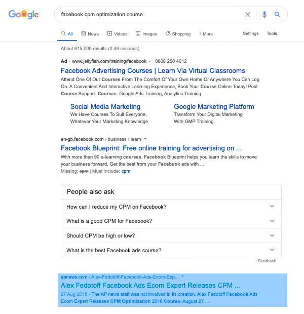 Google search results for facebook cpm optimization course showing website links for advertising courses, Facebook Blueprint, related questions, and a highlighted news article about Facebook Ads Ecom CPM Optimization 2018.