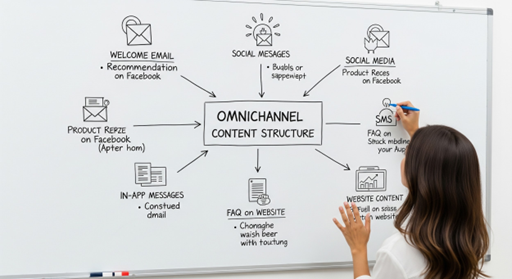 A woman writes on a whiteboard featuring an Omnichannel Content Structure diagram, with arrows pointing to channels like email, social messages, social media, SMS, in-app messages, website FAQ, and product reviews.