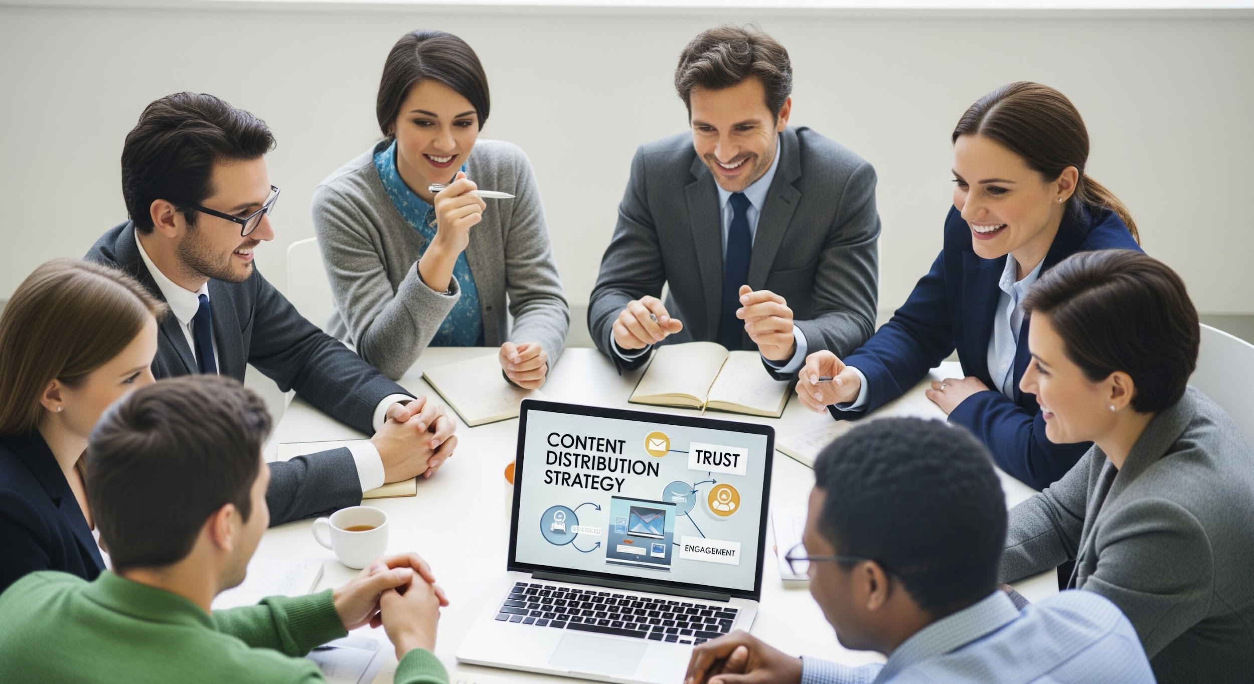 A group of professionals sit around a table, discussing content strategy and strategic content distribution as shown on a laptop screen. They appear engaged and collaborative in a modern office setting.