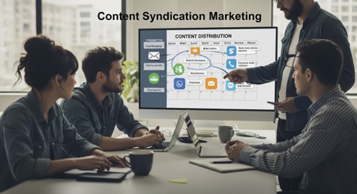 Four people in a modern office discuss content syndication marketing. One person stands and points to a screen displaying a content distribution flowchart, while three others sit at a table with laptops.