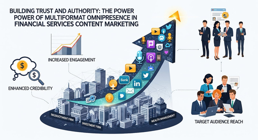 Infographic showing an upward arrow with social media icons, graphs, and businesspeople illustrating how content marketing drives omnipresence in financial services through enhanced credibility, increased engagement, and broader audience reach.