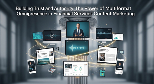 A man in a suit appears on multiple digital devices, including phones, tablets, and laptops, surrounded by financial graphs and content—illustrating multiformat omnipresence in financial services content marketing. Text above describes building trust and authority.